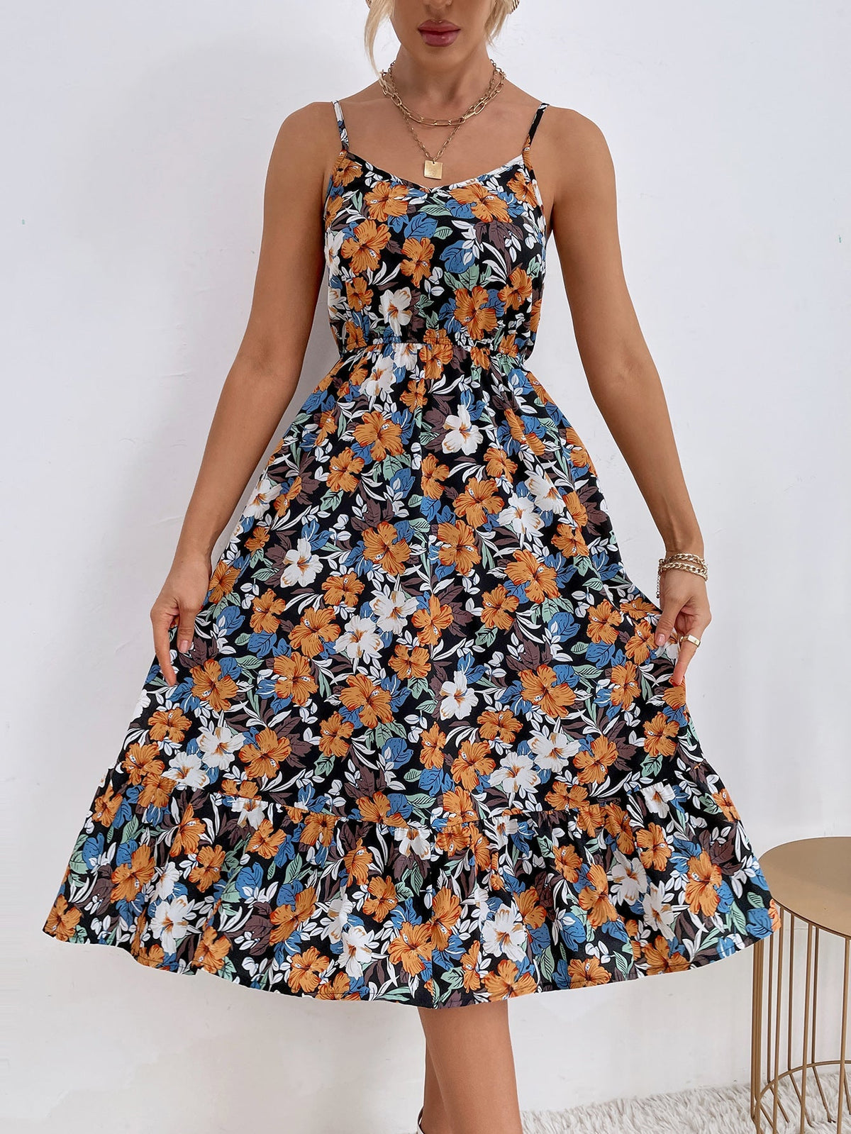 Floral Print Elastic Waist Cami Dress Sai Feel