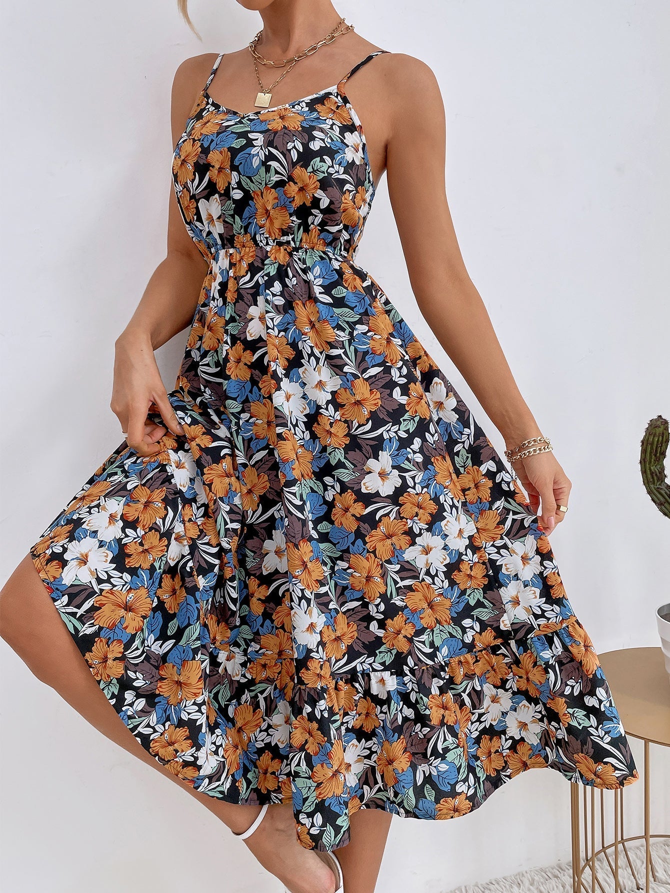 Floral Print Elastic Waist Cami Dress Sai Feel