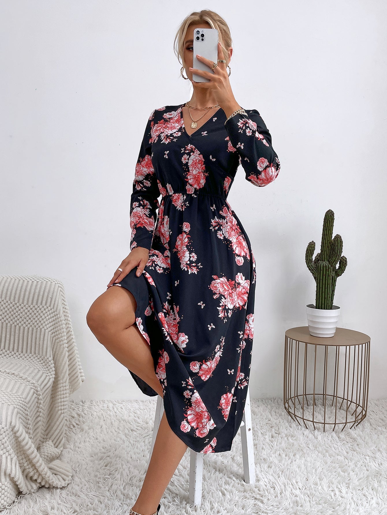 Floral Print Elastic Waist Dress Sai Feel