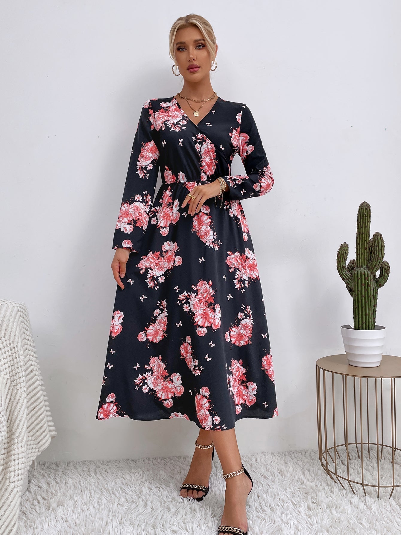 Floral Print Elastic Waist Dress Sai Feel