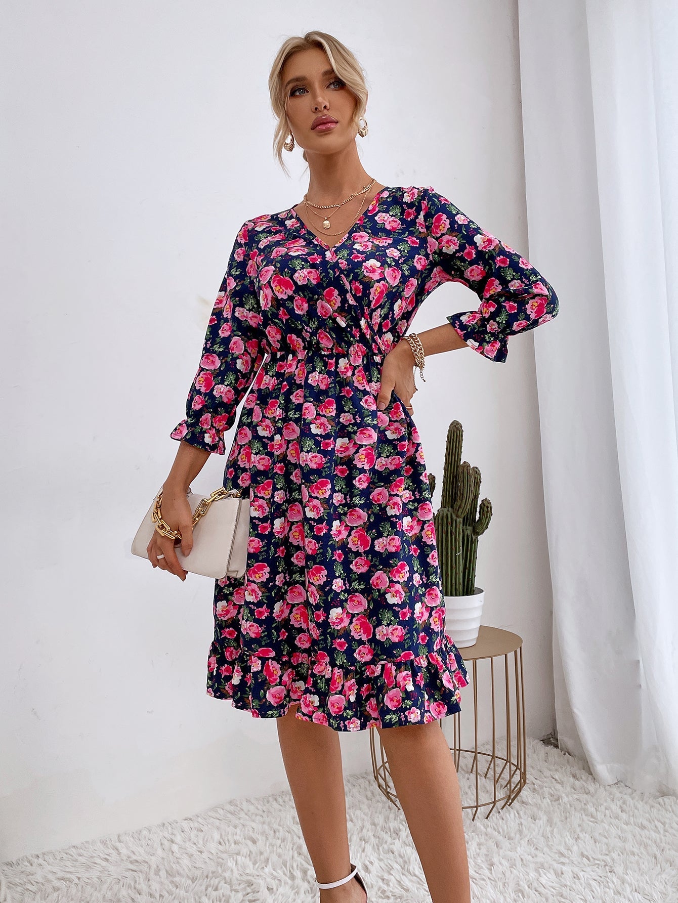 Floral Print Elastic Waist Ruffle Hem Dress Sai Feel