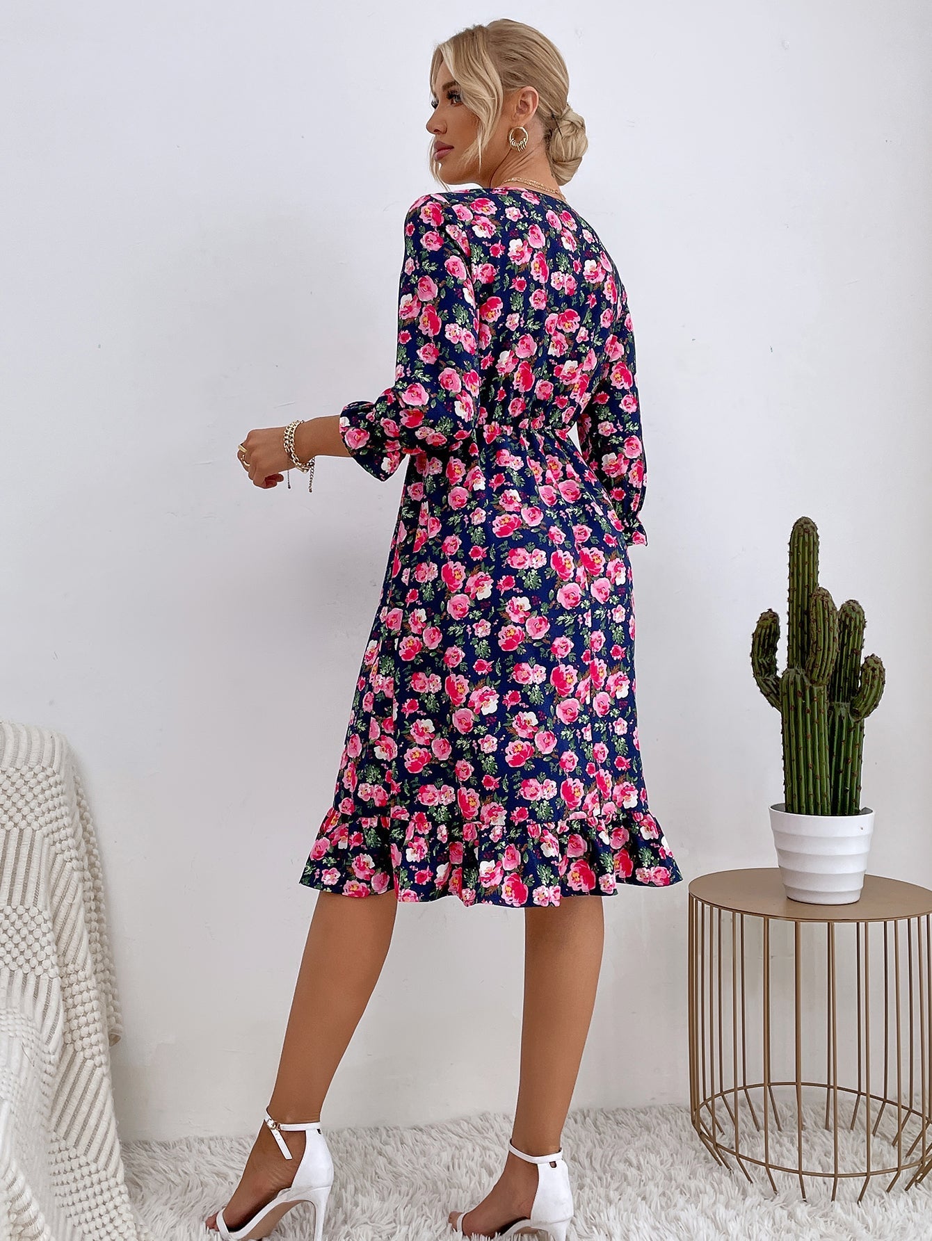 Floral Print Elastic Waist Ruffle Hem Dress Sai Feel