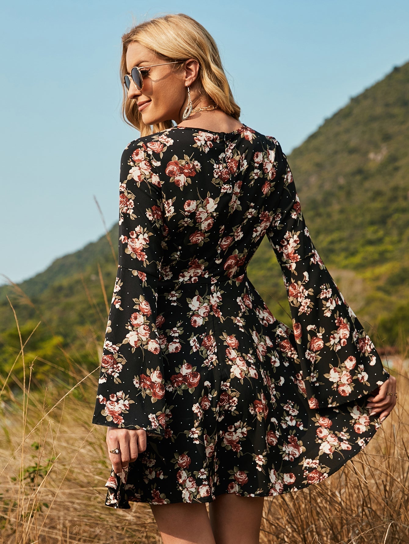 Floral Print Flounce Sleeve Dress Sai Feel