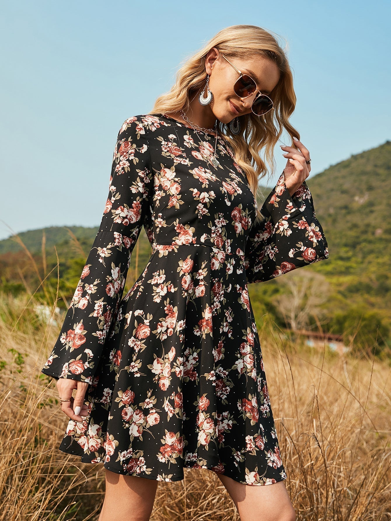 Floral Print Flounce Sleeve Dress Sai Feel