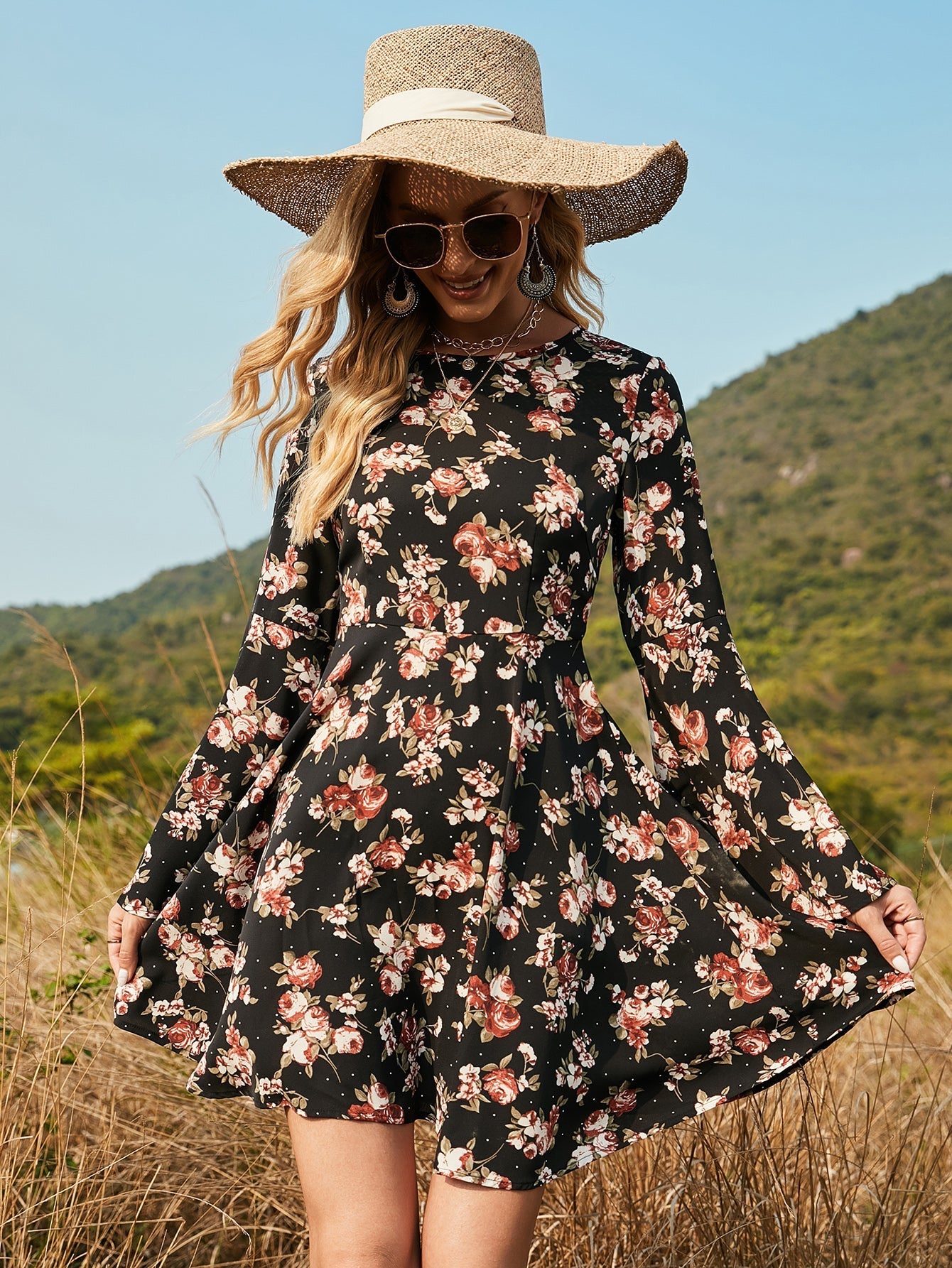 Floral Print Flounce Sleeve Dress Sai Feel