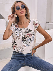 Floral Print Keyhole Back Butterfly Sleeve Top Sai Feel