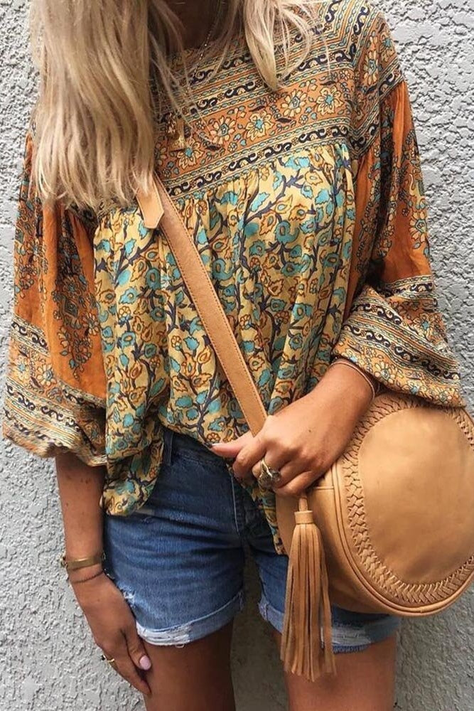 Floral Print Loose Sleeve Blouse Sai Feel