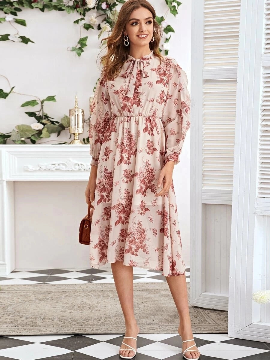 Floral Print Neck Tie Elastic Waist Lantern Sleeve Dress Sai Feel