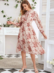 Floral Print Neck Tie Elastic Waist Lantern Sleeve Dress Sai Feel