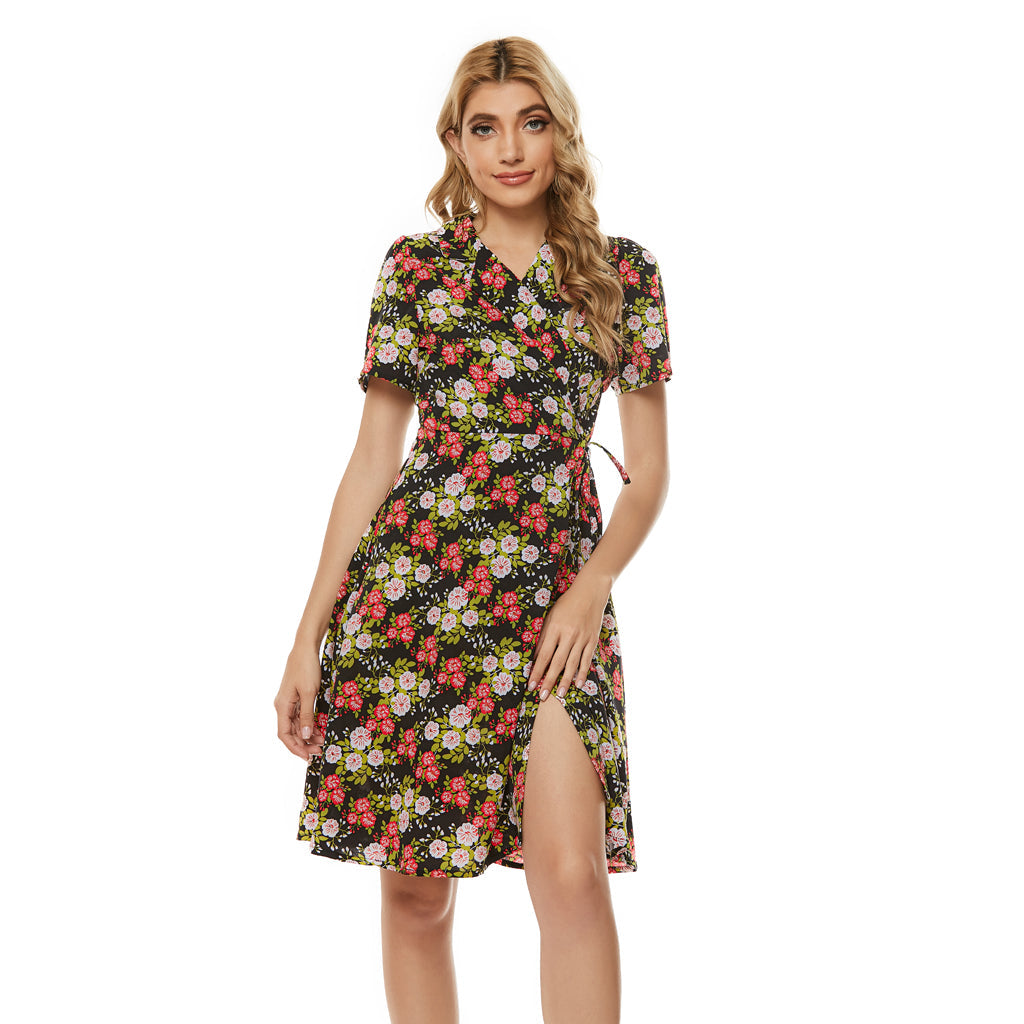 Floral Print Notched Lapel Self Tie Wrap Dress Sai Feel