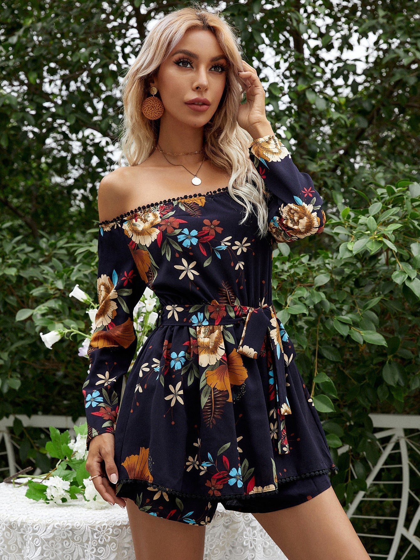 Floral Print Off Shoulder SelF Waist Tie Jumpsuit Sai Feel