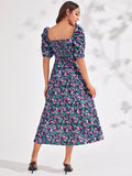 Floral Print Puff Sleeve Smocked Back Split Thigh Dress Sai Feel