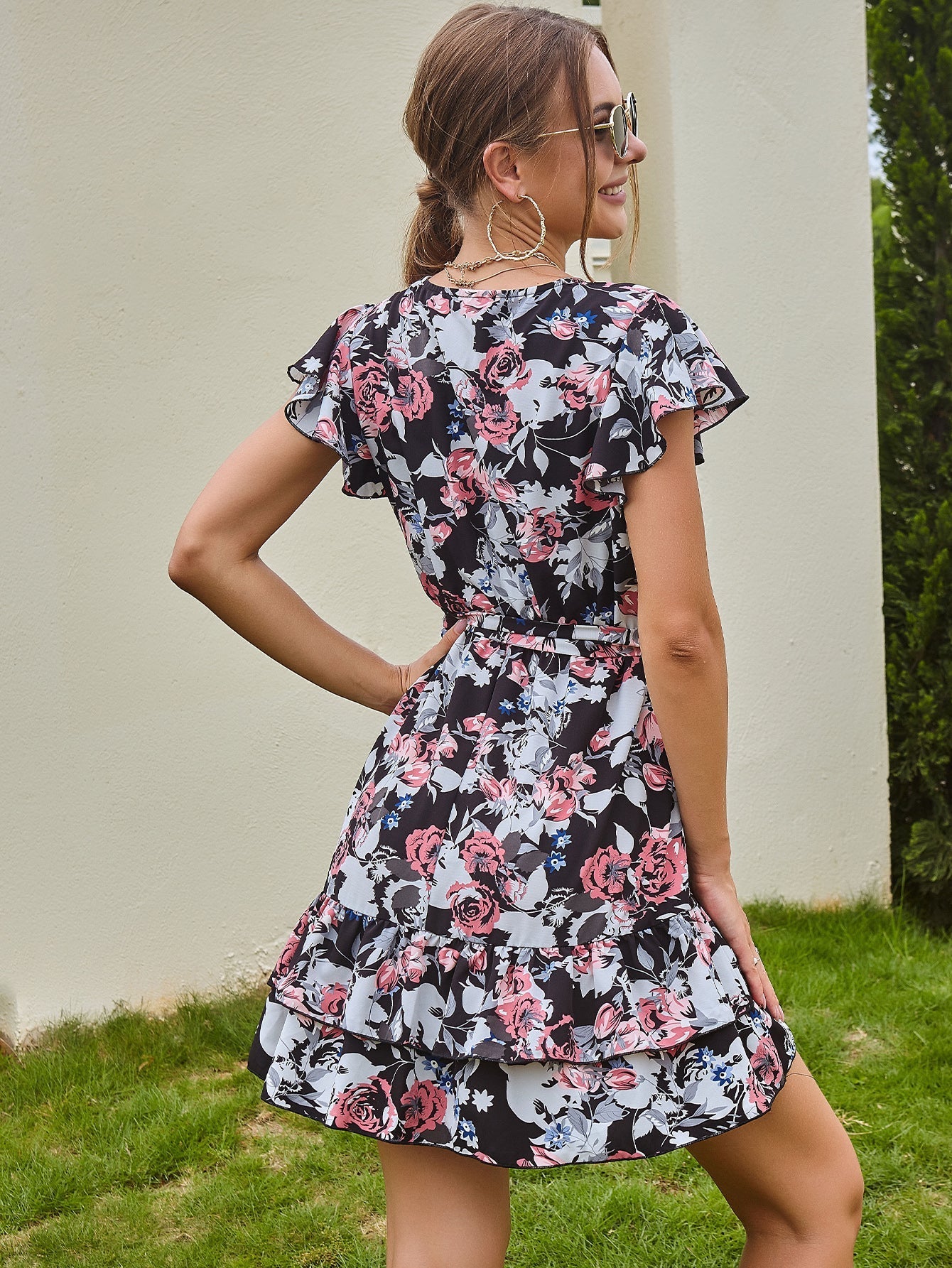 Floral Print Ruffle Hem Belted Dress Sai Feel