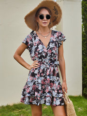 Floral Print Ruffle Hem Belted Dress Sai Feel