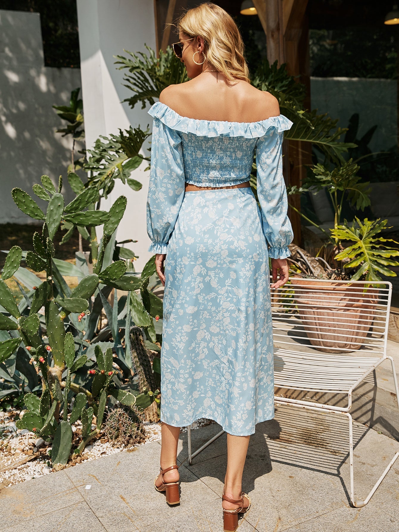 Floral Print Ruffle Hem Shirred Crop Top & Tie Side Skirt Sets Sai Feel