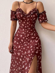 Floral Print Sling Off-The-Shoulder Slit Dress Sai Feel