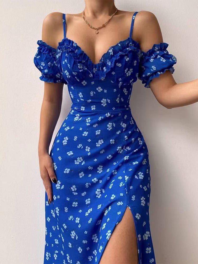 Floral Print Sling Off-The-Shoulder Slit Dress Sai Feel