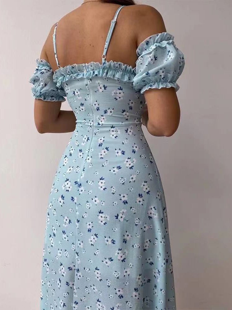 Floral Print Sling Off-The-Shoulder Slit Dress Sai Feel