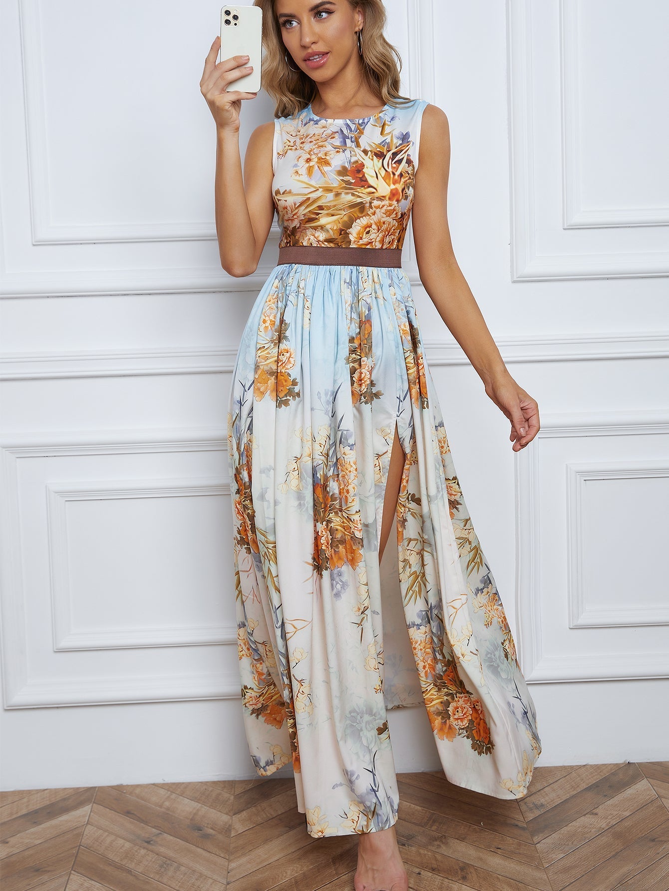Floral Print Split Thigh Maxi Dress Sai Feel