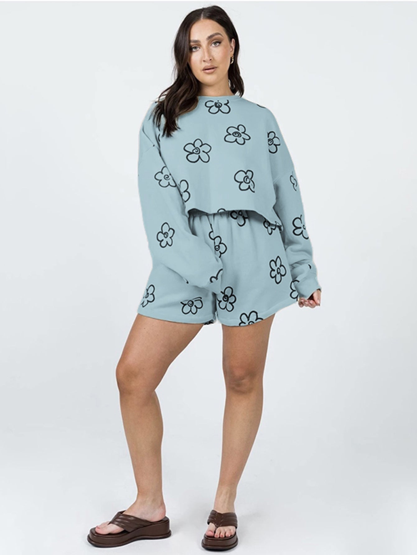 Floral Print Sweatshirt & Shorts Set Sai Feel