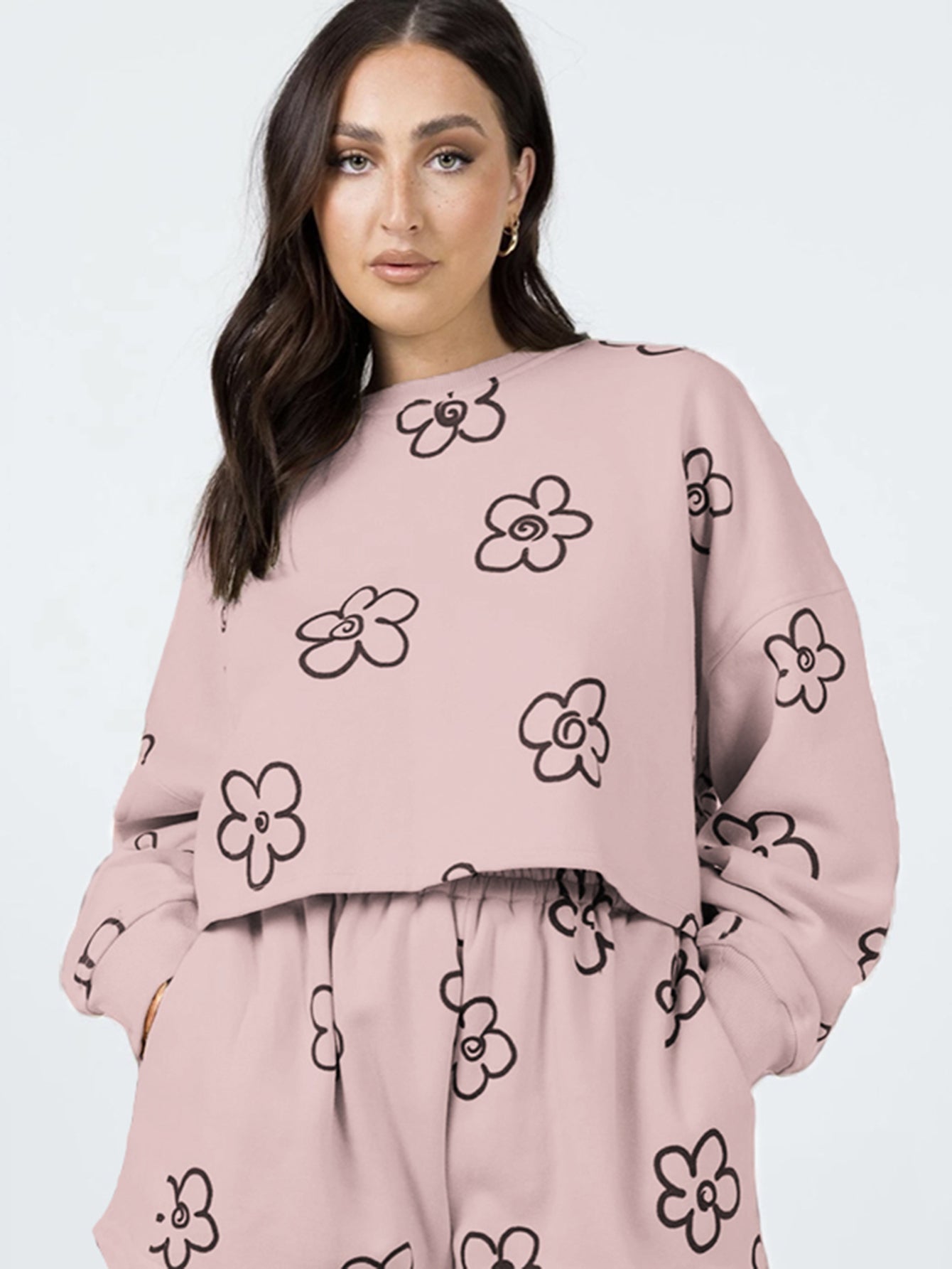 Floral Print Sweatshirt & Shorts Set Sai Feel
