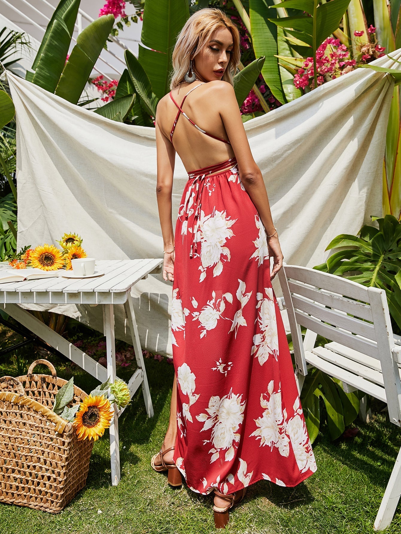 Floral Print Thigh Split Backless Cami Maxi Wrap Dress Sai Feel