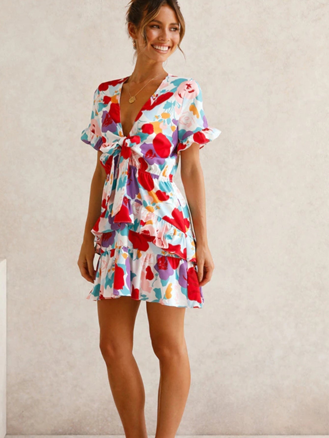 Floral Print Tie Front Dress Sai Feel