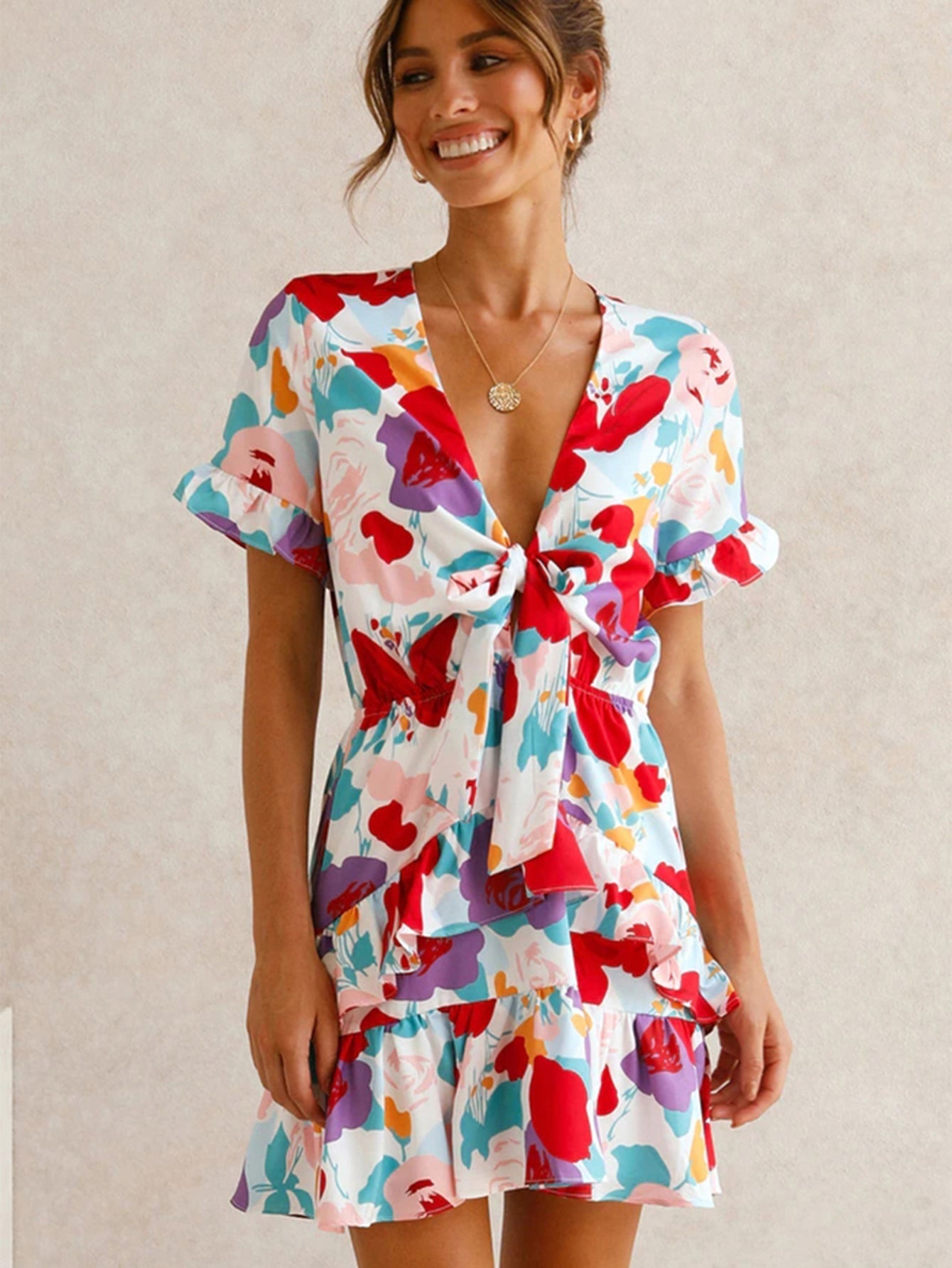 Floral Print Tie Front Dress Sai Feel