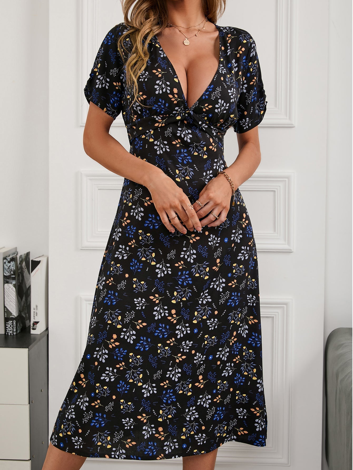 Floral Print V Neck Dress Sai Feel