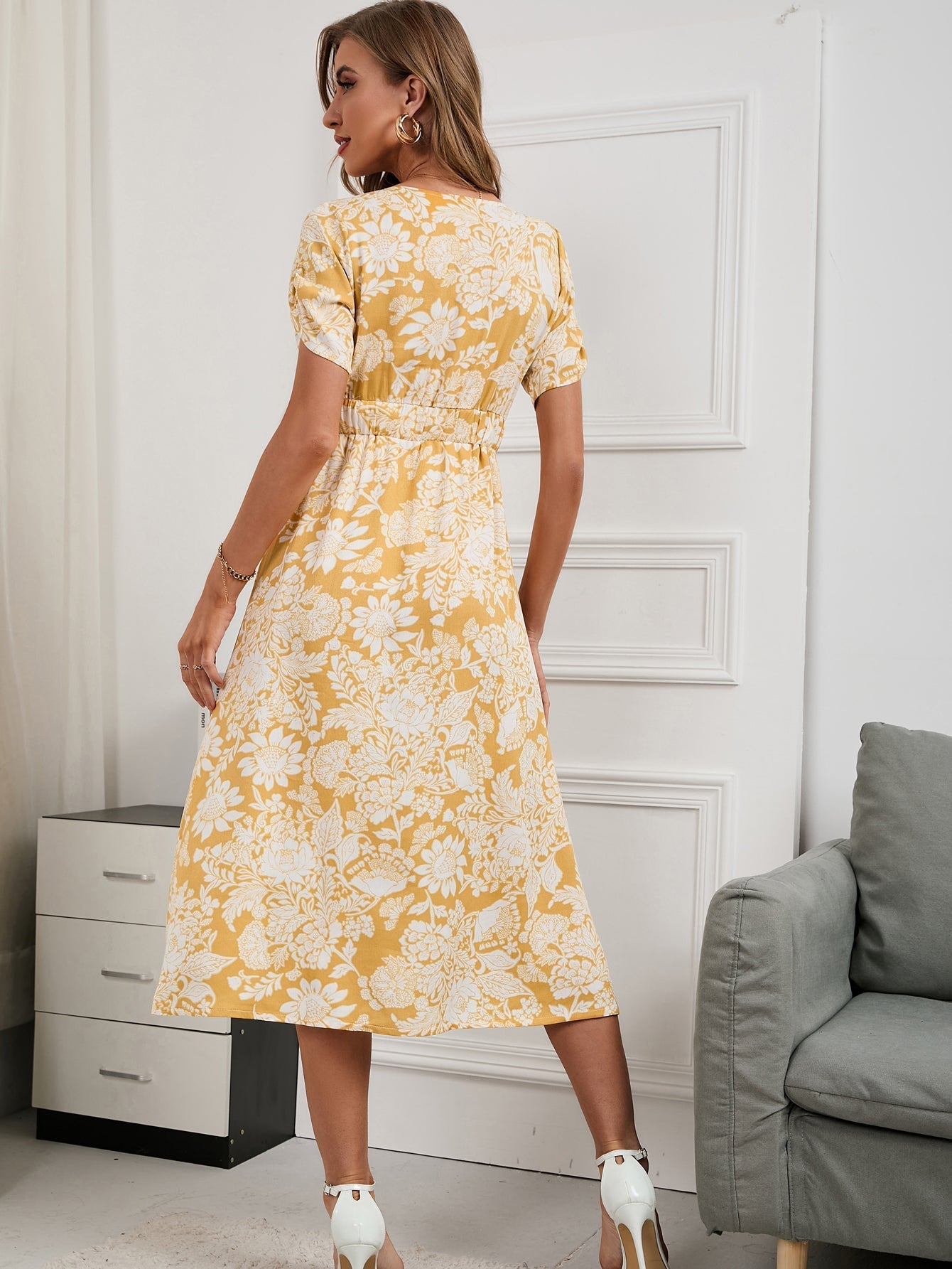 Floral Print V Neck Dress Sai Feel