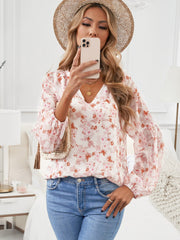 Floral Print V Neck Long Puff Sleeve Top Sai Feel