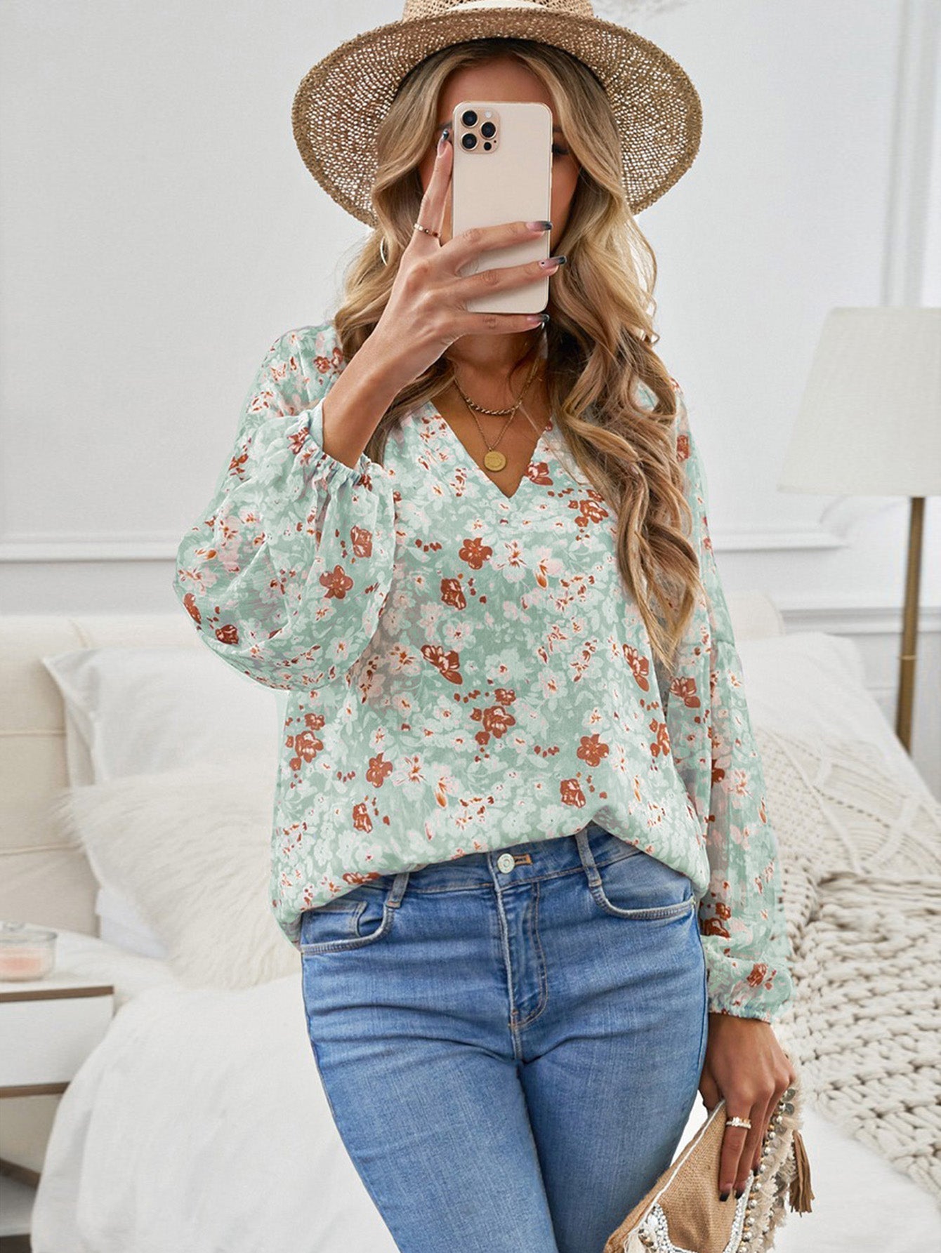 Floral Print V Neck Long Puff Sleeve Top Sai Feel