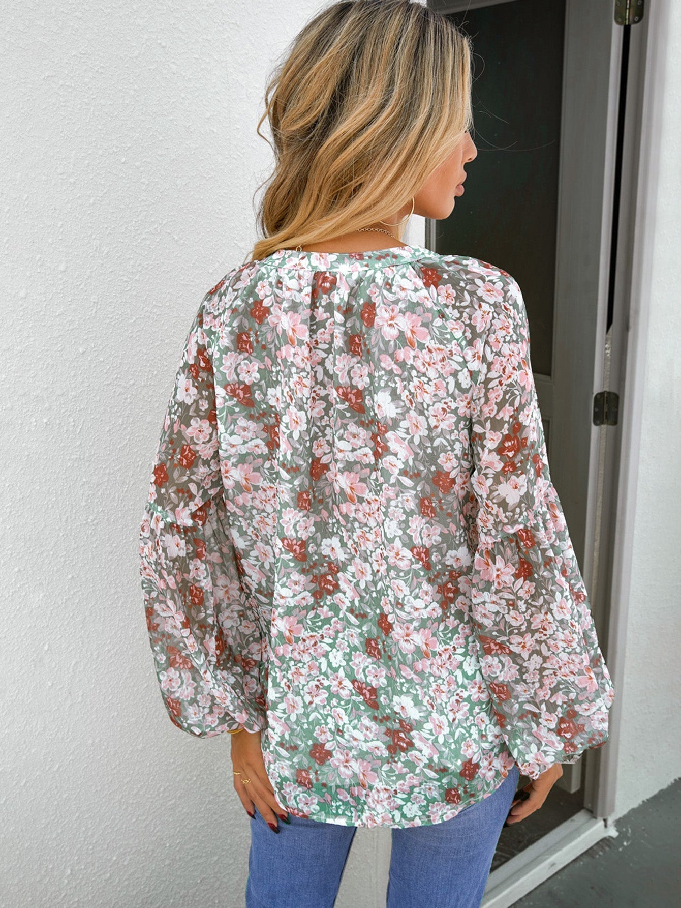 Floral Print V Neck Long Puff Sleeve Top Sai Feel