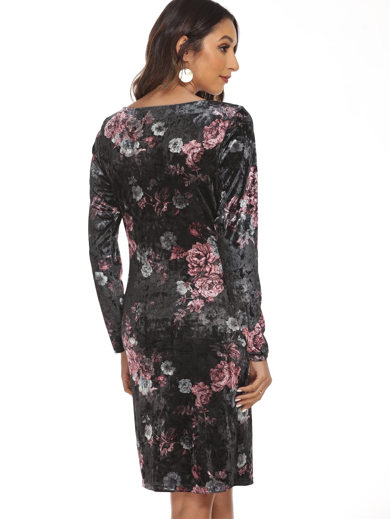 Floral Print Velvet Bodycon Dress Sai Feel