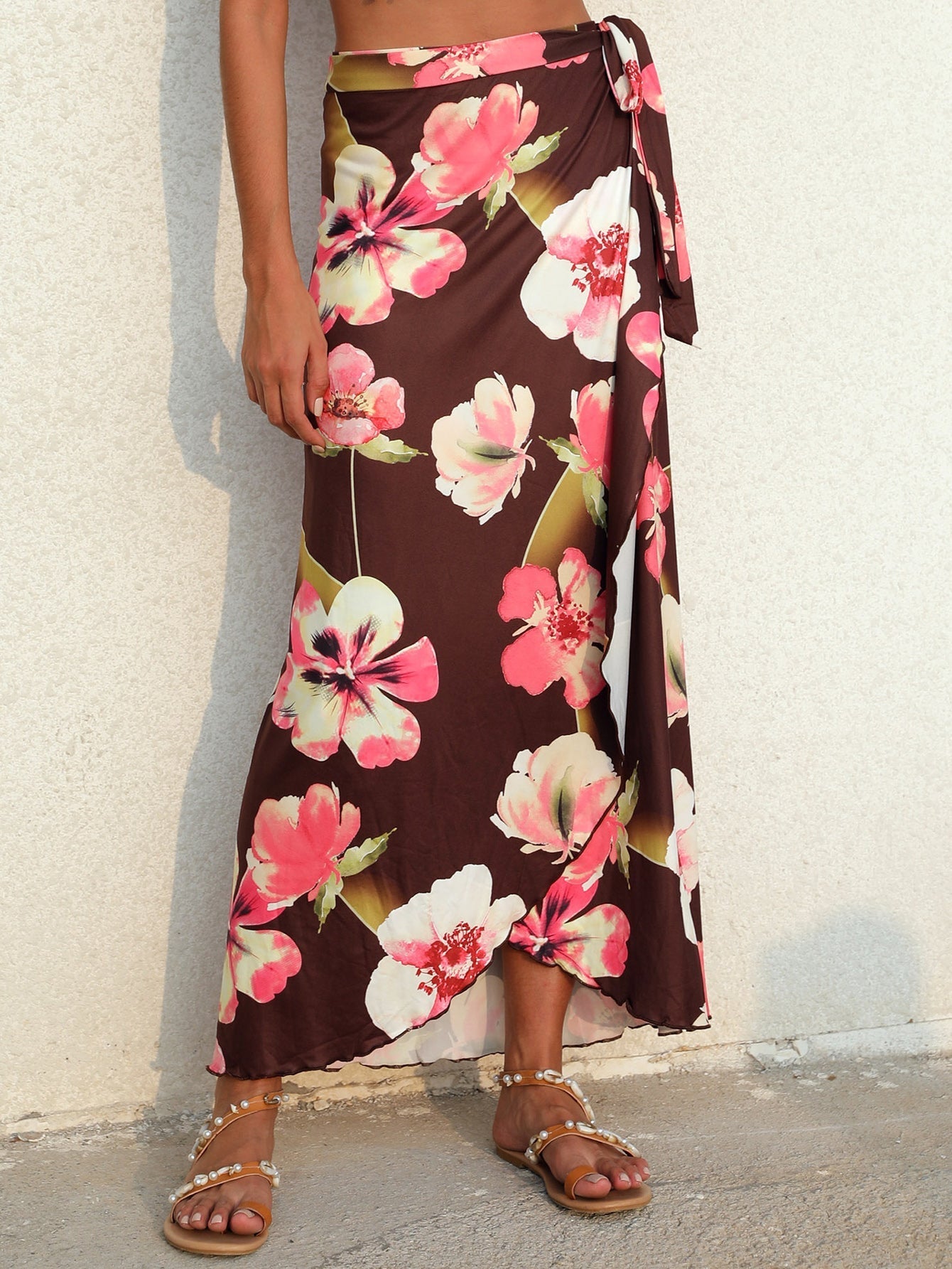 Floral Print Wrap Knot Side Cover Up Skirt Sai Feel