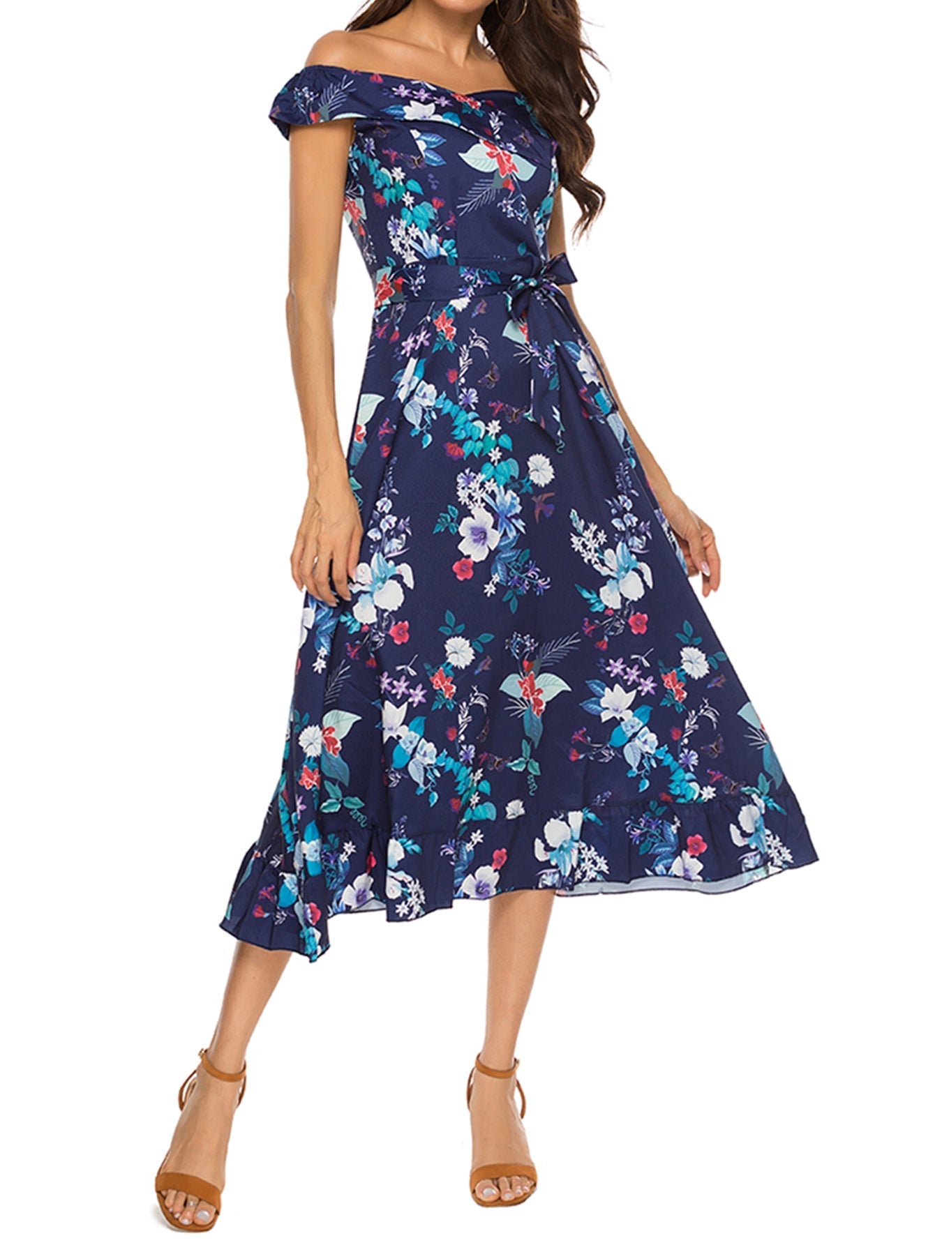 Floral Printed V Neck Drop Shoulder Dress with Belt Sai Feel