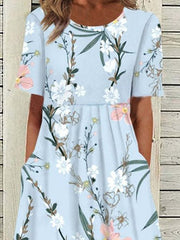 Floral Round Neck Short Sleeve Pocket Dress Sai Feel