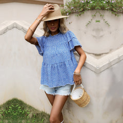 Floral Round Neck Short Sleeve Top Blue Loose Printed Chiffon Shirt Sai Feel