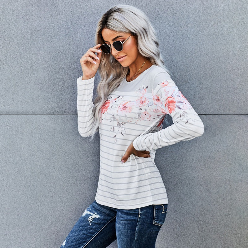 Floral Striped Print Long Sleeve Top sweatershirt Sai Feel