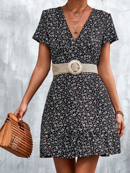 Floral V-Neck Short Sleeve Dress Sai Feel