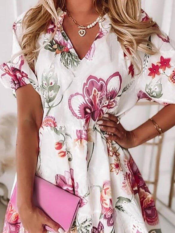 Floral V-Neck Short Sleeve Dress Sai Feel