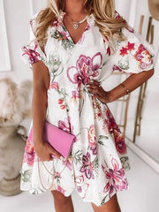 Floral V-Neck Short Sleeve Dress Sai Feel