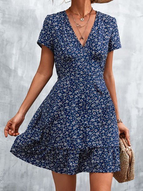 Floral V-Neck Short Sleeve Dress Sai Feel