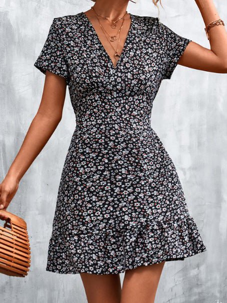 Floral V-Neck Short Sleeve Dress Sai Feel