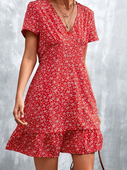 Floral V-Neck Short Sleeve Dress Sai Feel