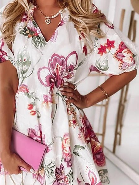 Floral V-Neck Short Sleeve Dress Sai Feel