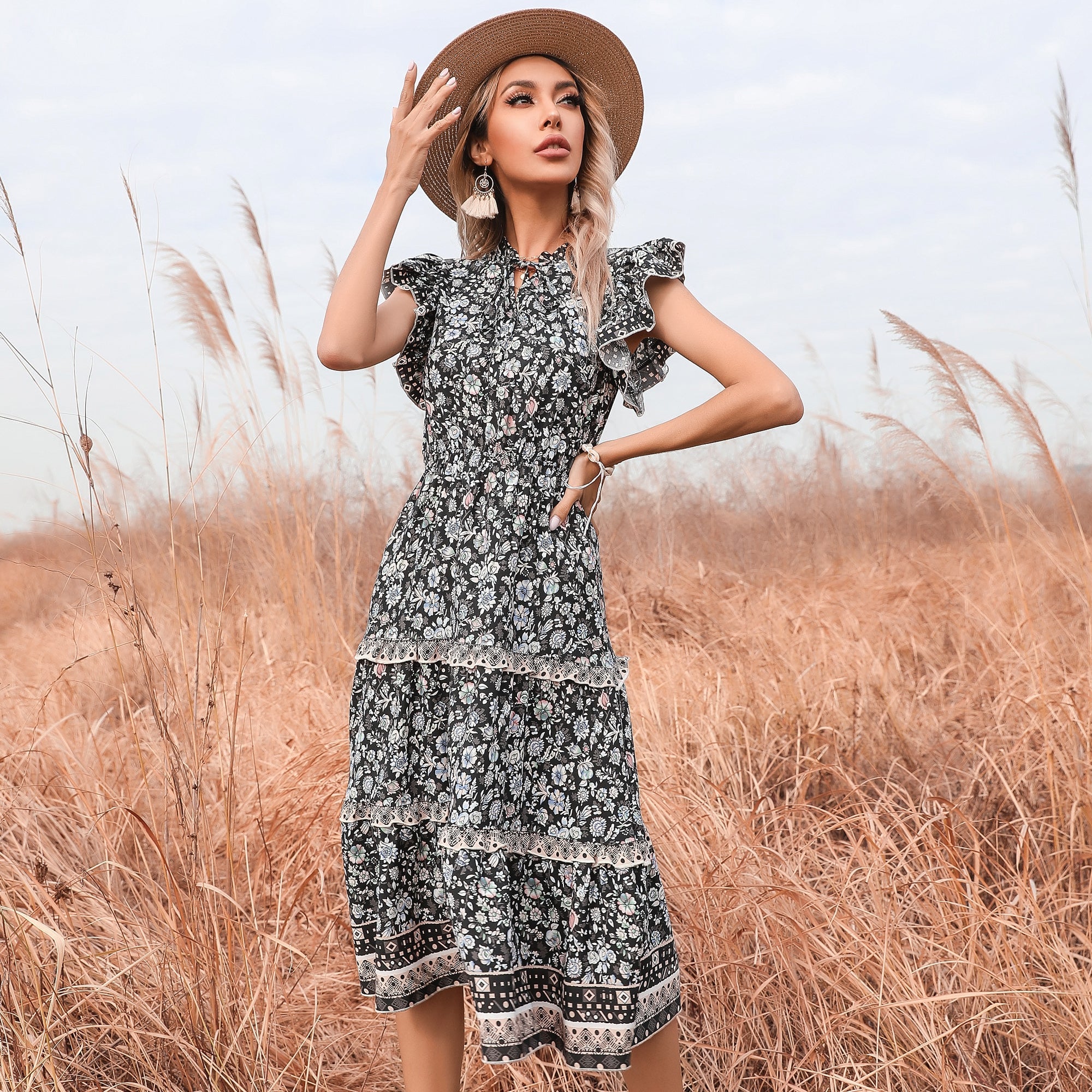 Floral V-neck Flared Sleeve Dress Sai Feel