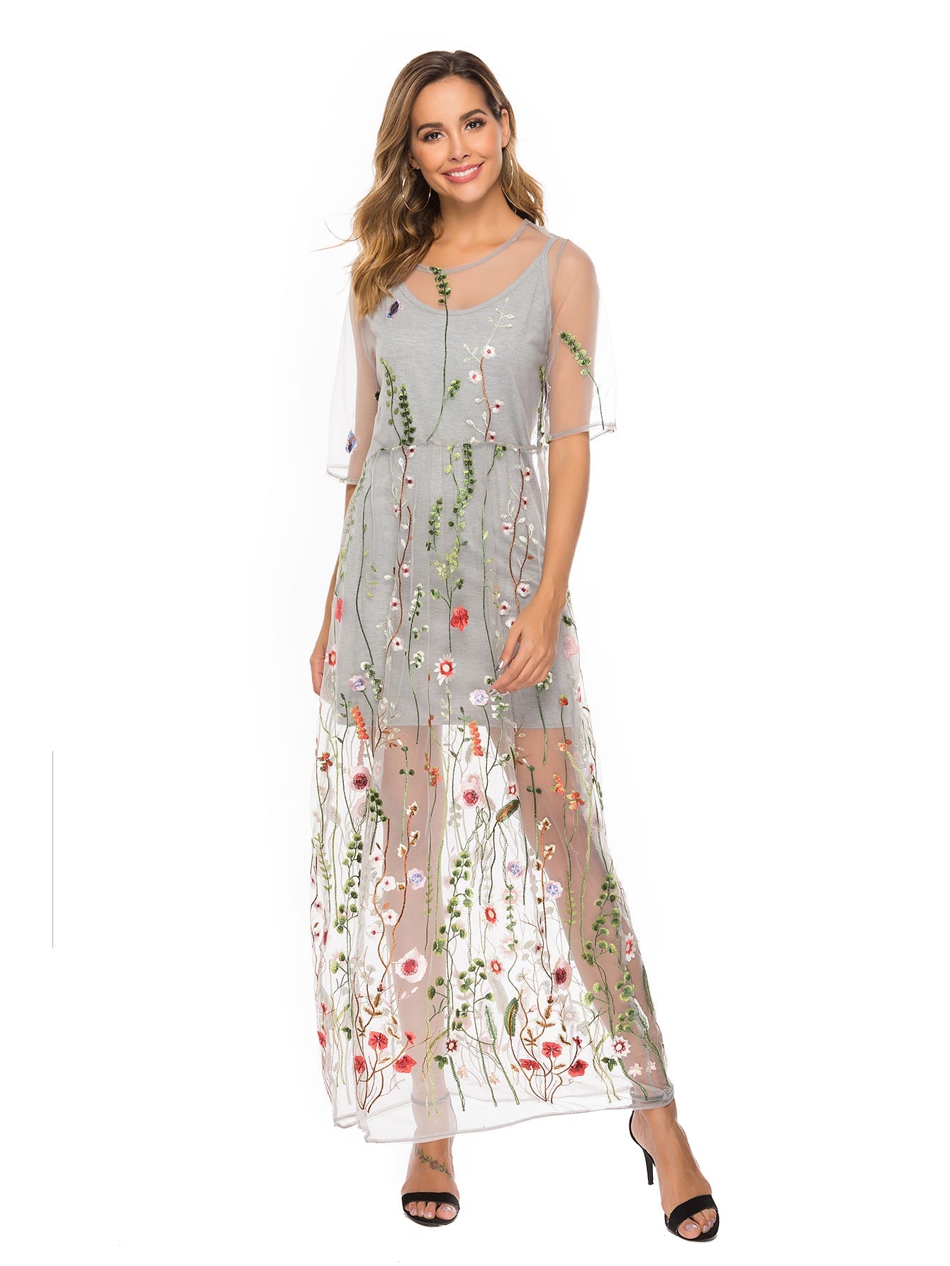 Flower embroidered mesh overlay combo dress best sale