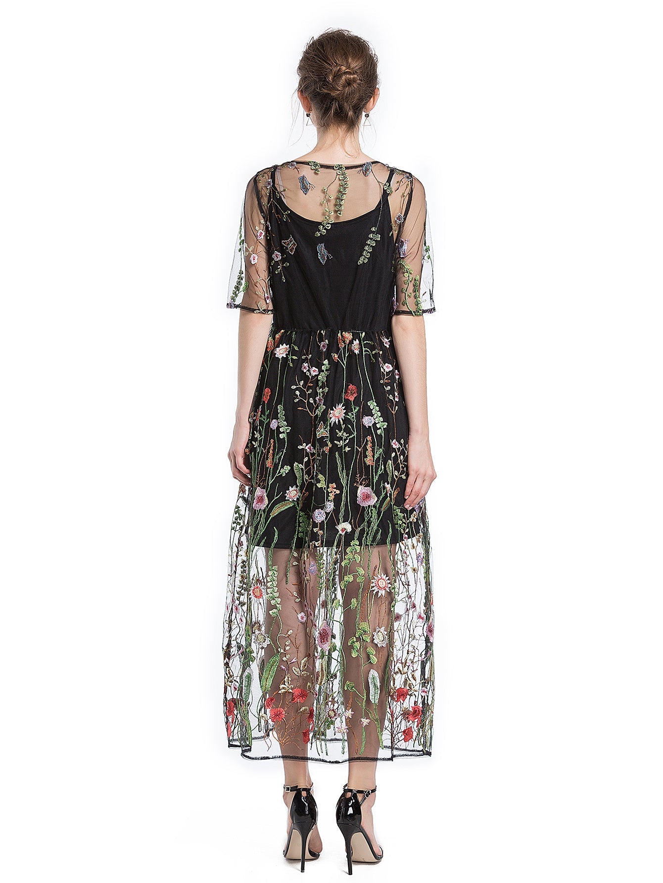 lace see through dress & lining sets Black Lace Bridal Nightgown Set: Satin Tulle Robe