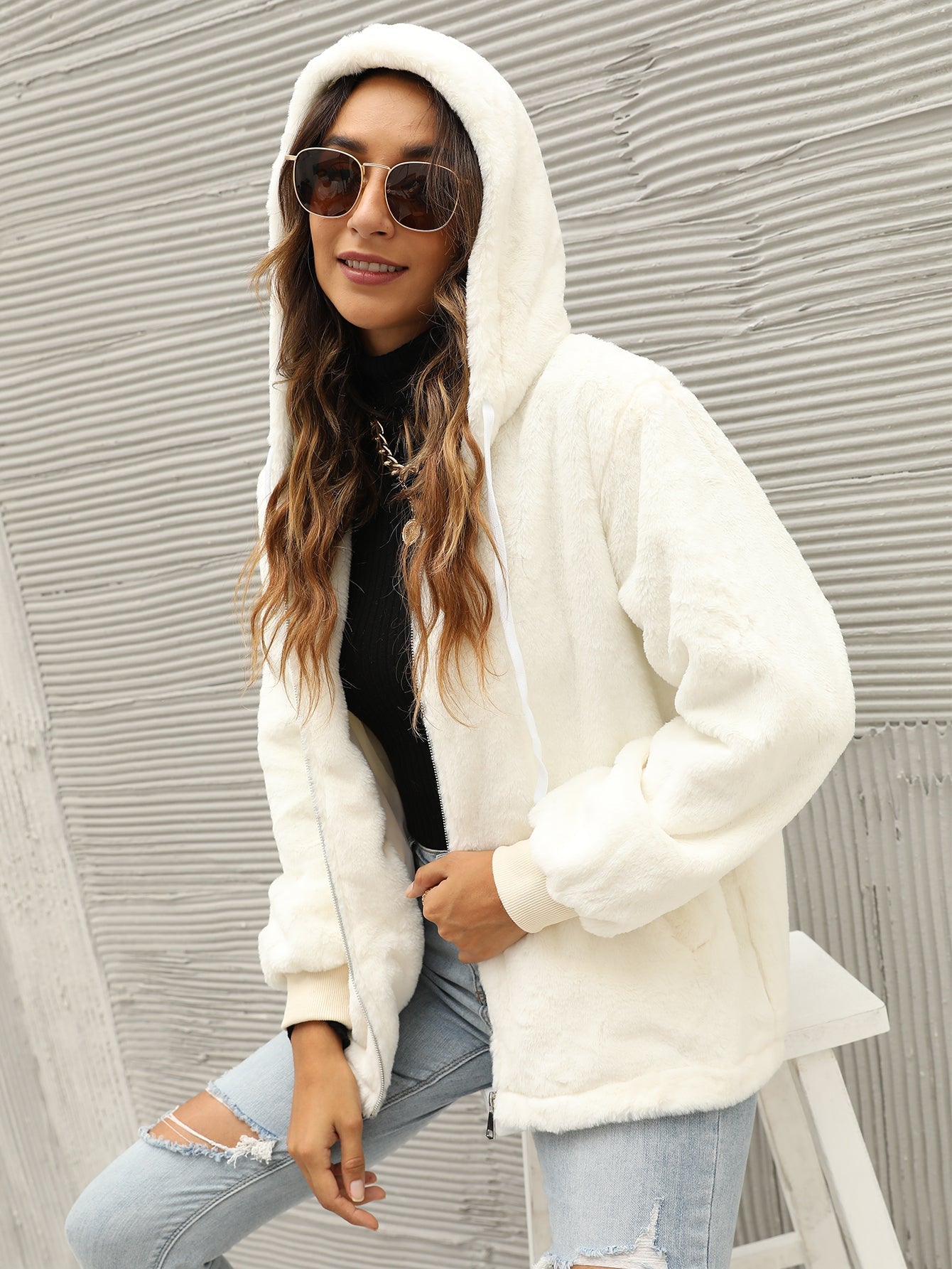 Fluffy Faux Rabbit Fur Zipper Up Hoodie Coat Sai Feel